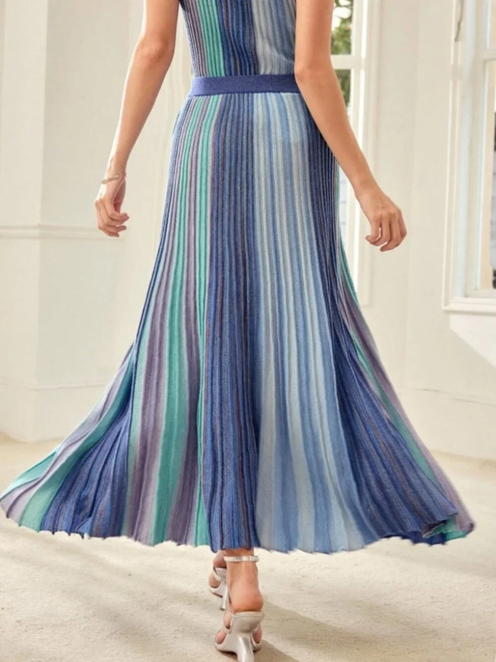 Blue Multicolor Striped Ribbed Knit Pleated Maxi Skirt